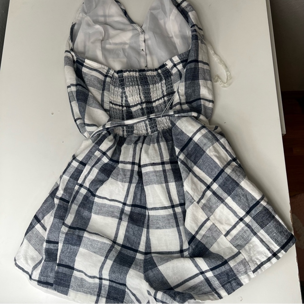 American Eagle, Navy and White Plaid Romper with Belted Waist, Size Medium - Picture 2 of 3